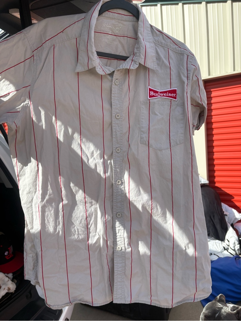 Budweiser Light Gray Polo Shirt with Red Pinstripes